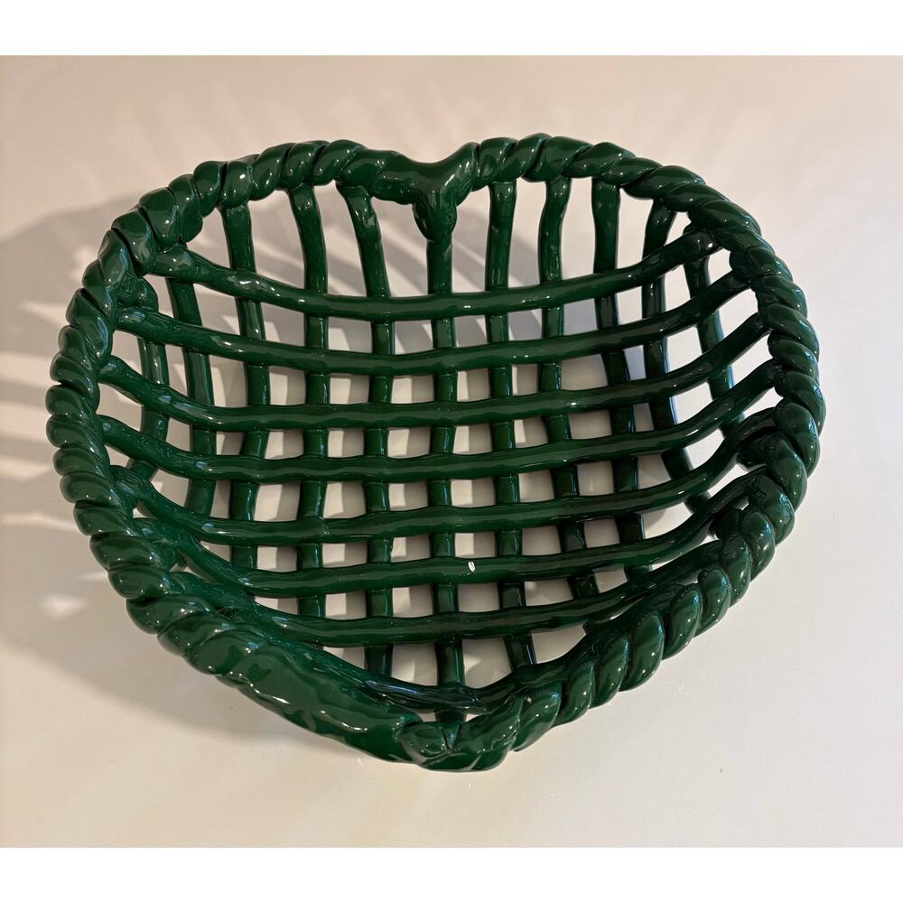 Vintage Green Ceramic Woven Heart Basket